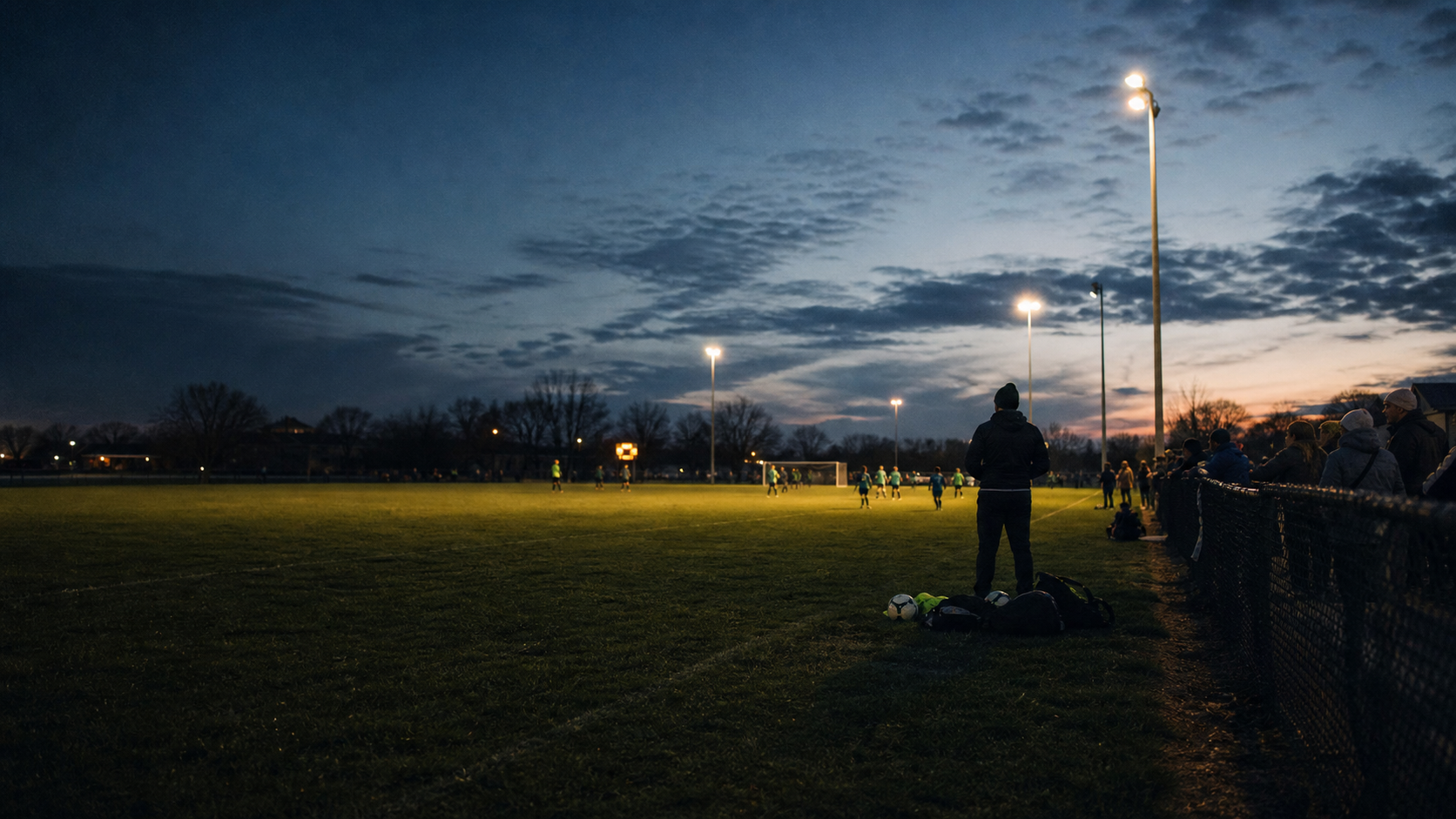 A youth soccer match under lights with families watching from the sideline.